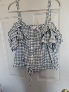 LC Lauren Conrad Blue and White Gingham Off-Shoulder Tie-Hem Blouse